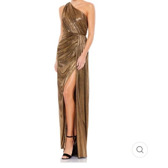 NWT Mac Duggal 26537 Draped One Shoulder Grecian Metallic Gown Dress  Gold Sz 10 - Picture 3 of 8